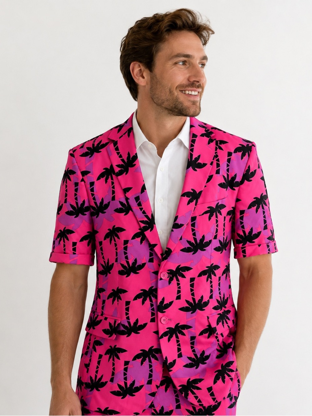 OppoSuits Pink & Black Palm-Print Short Sleeve Blazer